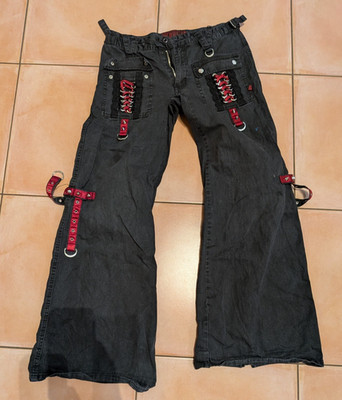 Tripp NYC Black Red Bondage Flare Pants Mall Goth Y2K Size 32W by 30L