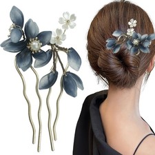 Chinese Hair Sticks,Decorative Hair Fork Pins, Blue and White Floral Design w...
