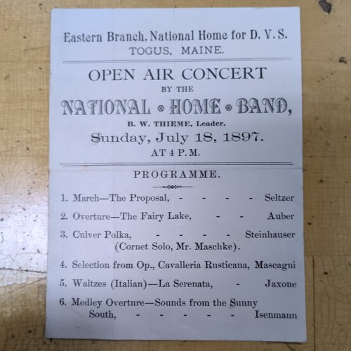 1897 Togus Maine Soldiers Home Concert Eastern Branch Open Air Concert Program