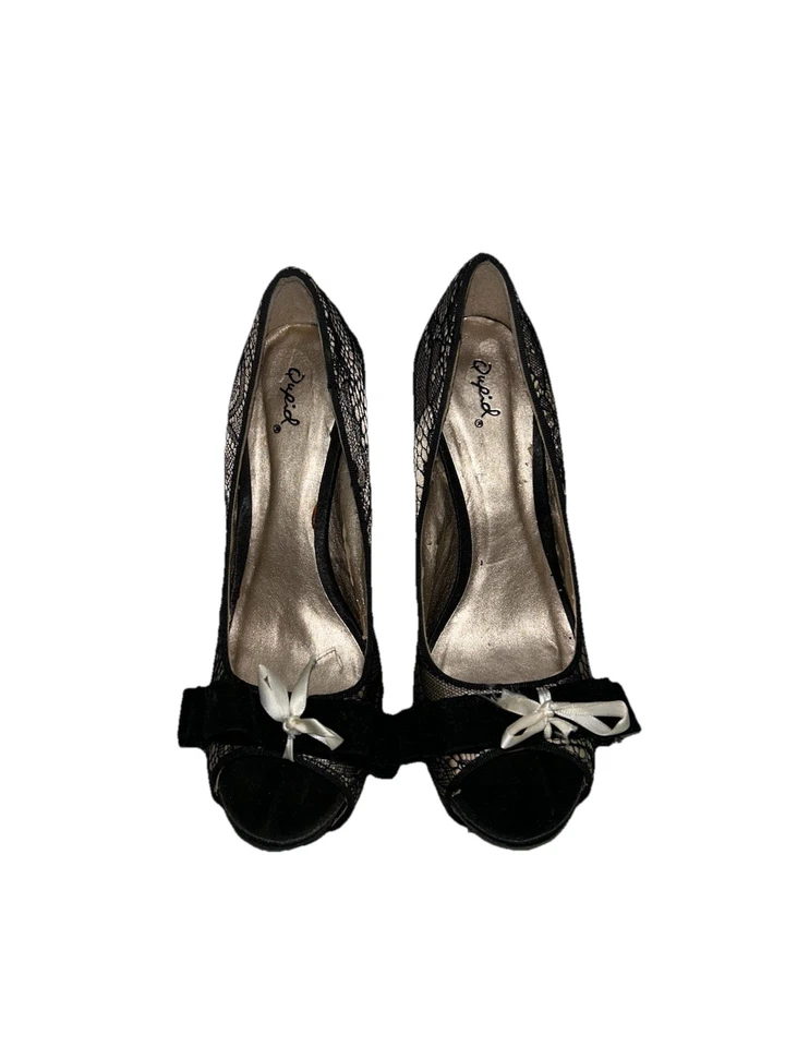 Tacones de plataforma de encaje negro Qupid talla 8 con lazo blanco roto Foto 2 de 4