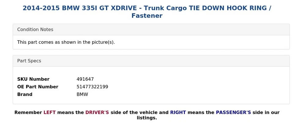 BMW 335I GT XDRIVE 2014-2015 - Anillo de gancho de amarre de carga para maletero / sujetador Foto 4 de 4