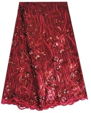 African Lace Fabric 5 Yards Sequins Embroidery for Party Dress Wine SanVe...