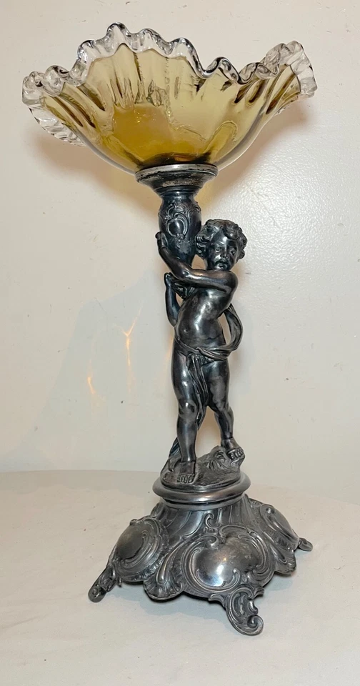 antique ornate silverplate cherub figural blown glass centerpiece tazza compote - Image 2 of 4
