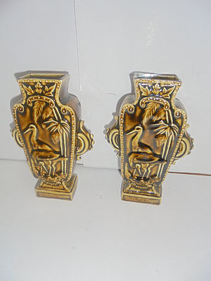 25916 Paar Porzellan Vase Ibis Palmen 16 cm porcelaine pair vases 1890 Gründer