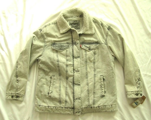 Levis Mens Sherpa Lined Trucker Jacket Grey Acid Wash Denim XL LW8RC790 video thumbnail