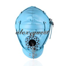 Blue Sensory Deprivation Hood Restrain Mask Unisex Open Mouth Couples Flirt