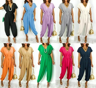 Ladies V Neck Tie Belted Waist Parachute Wide Leg Jumpsuit Women' Harem Playsuit