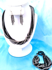 316.L Stainless Steel Women's Earrings/ Bracelet /Necklace Set Black Silvertone
