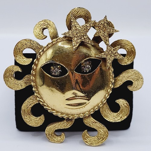 Sonne Sterne Himmlischer Gott Gesicht mit Strass baumelnde Augen goldfarben Vintage Brosche Anstecknadel - Bild 3 von 24