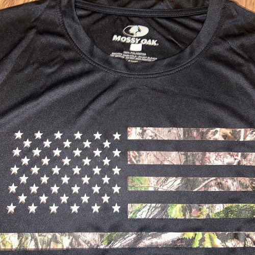 XL Mossy Oak Camo Flag With White Stars Black Long Sleeve Poly Crew Neck T-shirt - Picture 4 of 5
