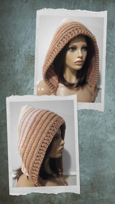 crochet womans handmade pixie hood hat sepia brown USA new