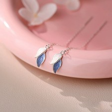 Blue White Enamel Leaf Marbel Drop Dangle Earrings 925 Sterling Silver Girls