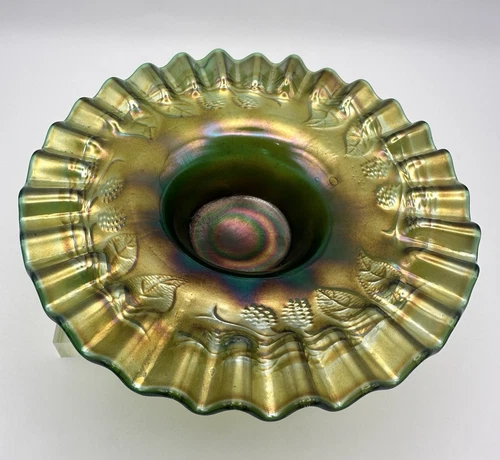 Antique FENTON Green Carnival Glass "Blackberry Spray" Crimped Hat Vase