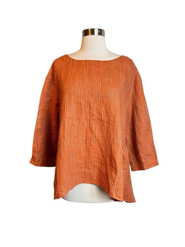 Lintico 100% Linen Top XL Rust Round Neck Artistic Stripe High Low Lagenlook