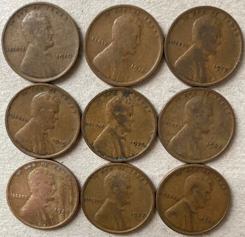 LINCOLN WHEAT CENT - LOT of 9 Mixed 1910 -1928 all P