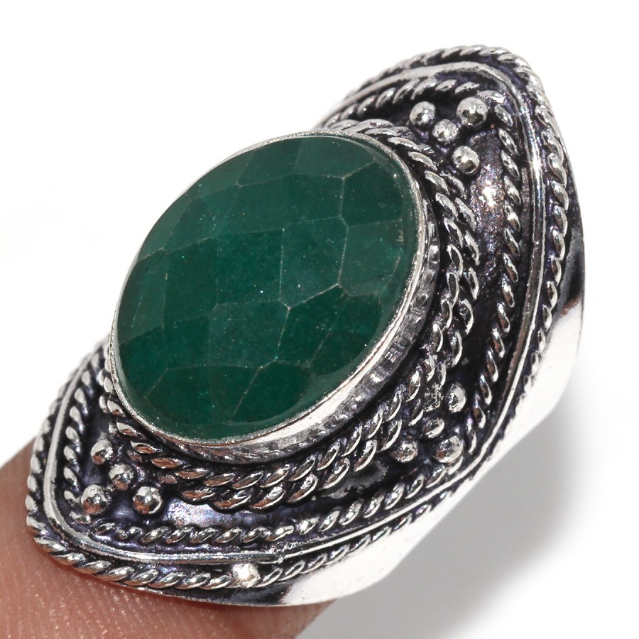 925 Silver Plated Emerald Simulated Ring Handmade US 6.5 Jewelry