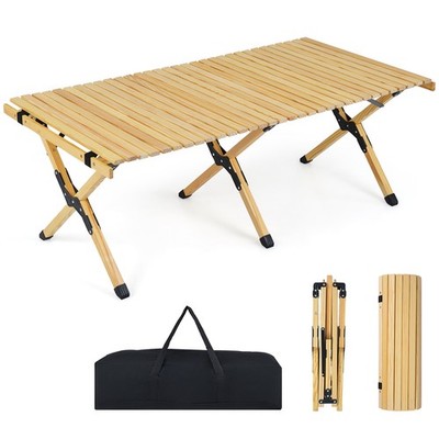 Folding Camping Table, Portable Roll-Up Pine Wood Picnic Table