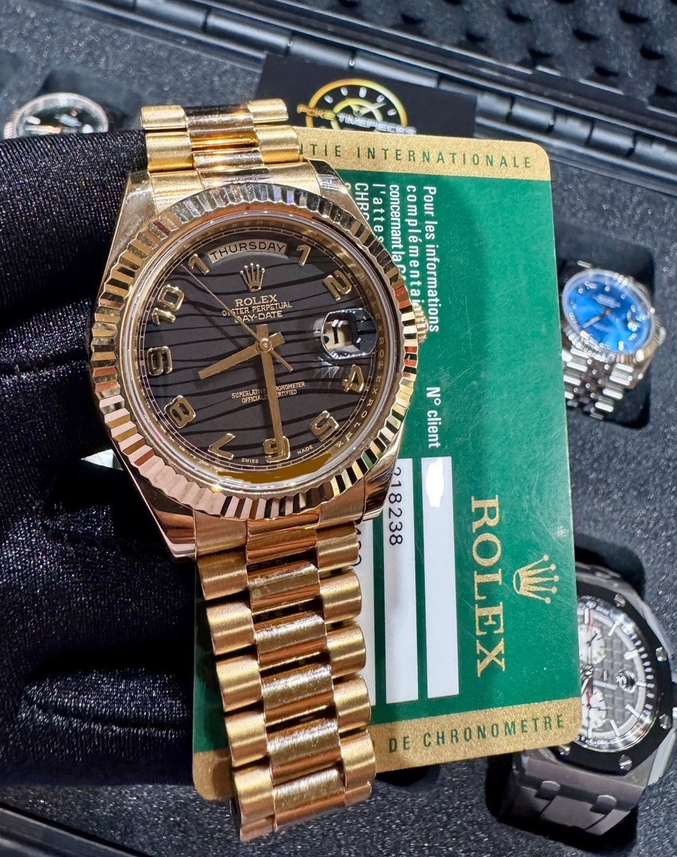 Rolex Day Date 41mm 218238 Black Wave Dial Papers Box Yellow Gold