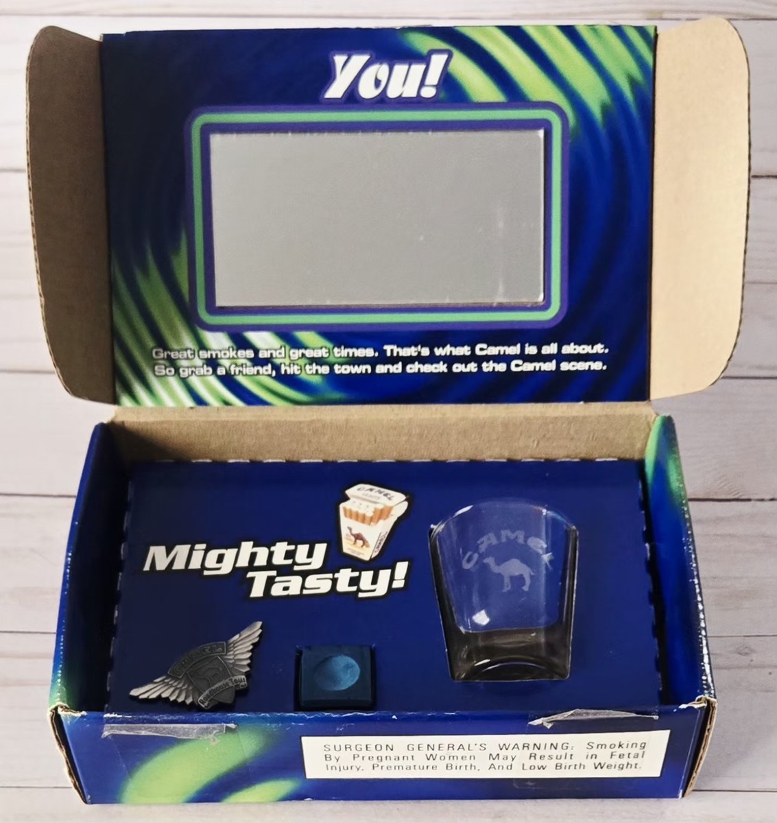Camel Cigarettes Roadhouse Tour Pin, Shot Glass, Pool Cue Chalk & Mirror W/  Box