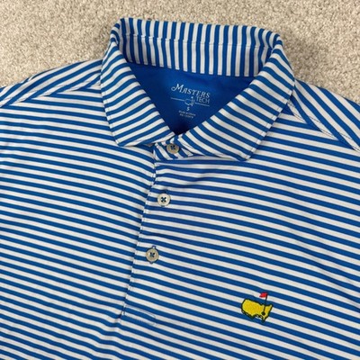 Masters Tech Polo Shirt Mens Small Blue White Striped Golf Performance Logo