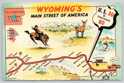 Wyoming US 30 Interstate 80 Main Street Of America Road Map Postcard