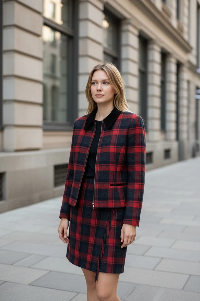 复古 JG Hook 假日西装裙套装格子羊毛混纺 2-PC 海军蓝 8 — 第 2/4 张图片