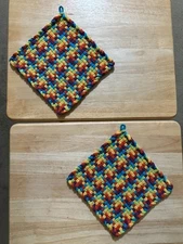 Handmade 2 LARGE 8 inch Multicolor Cotton Woven Potholders 5 Bright Colors