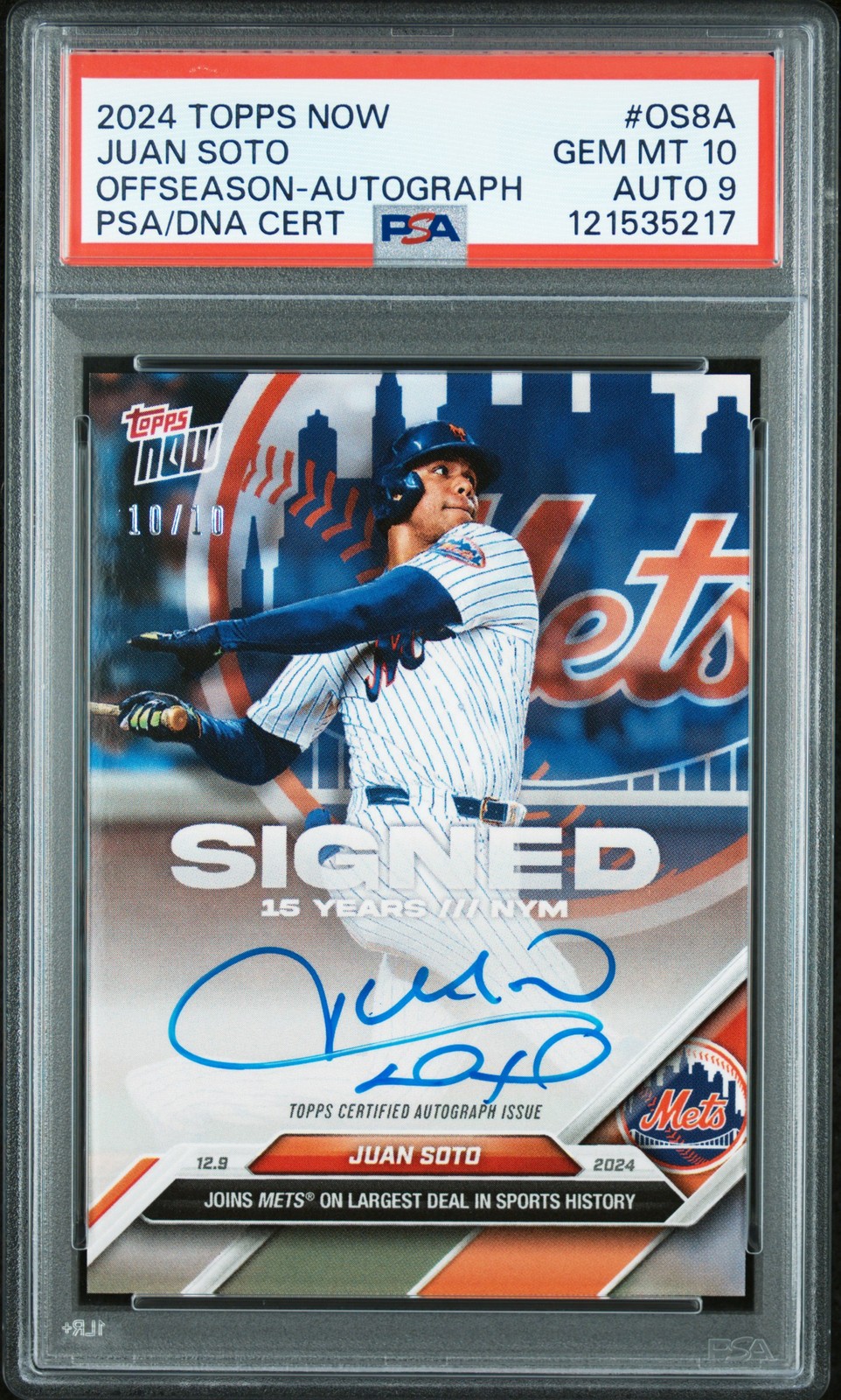 2024 TOPPS NOW OFFSEASON AUTO #OS8A JUAN SOTO 10/10 PSA 10 DNA AUTO 9 view 1