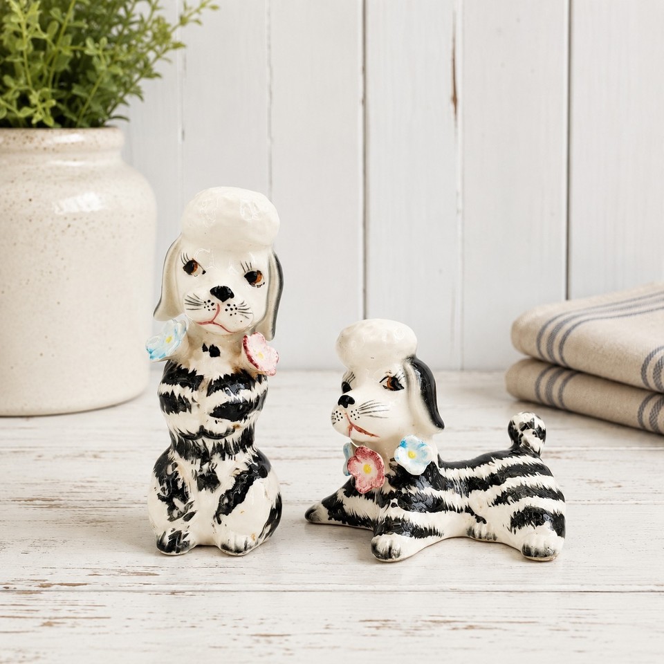 Vintage Japan Black Striped Poodle Dog with Flowers Salt and Pepper Shakers