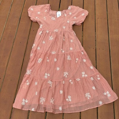 Tea N Rose Cottagecore Peasant Maxi Tiered Embroidered Dress Prairie Large NWT