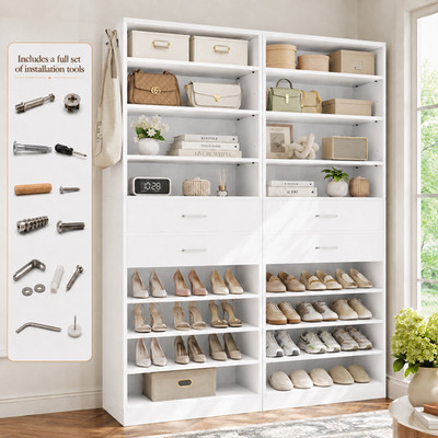 Set of 2 Tall Shoe Cabinet 20 Shelves 4 Drawers Shoe Rack Holds 48-56 Pairs