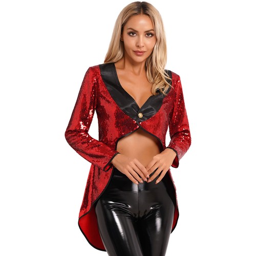 Women Sequin Tuxedo Jacket Tailcoat Halloween Magician Costume with Accessories - Picture 14 of 56