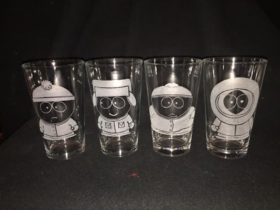 South Park Hand Etched 16 Oz. Pint Glasses! Cartman, Kyle, Stan & Kenny
