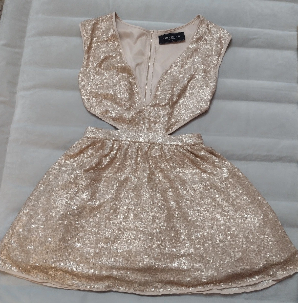 Akira Chicago Black Label Dress Women s Size Small Gold Sequin Cutout Dress