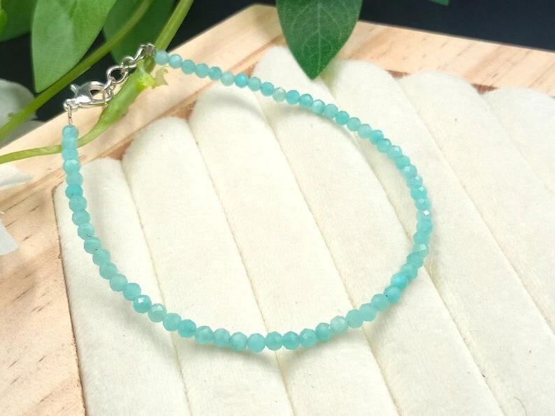 Schöne Amazonit facettierte runde Edelstein Perlen handgefertigte Frauen Armb... - Bild 4 von 4