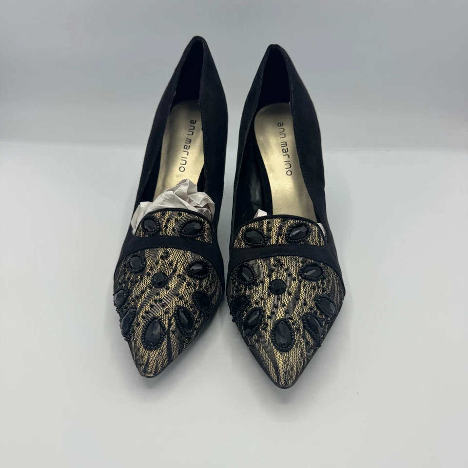 Ann Marino Damas BOMBAS NEGRAS DE ENCAJE CON JOYAS TACONES Punta puntiaguda Negro Gamuza Talla 8 Foto 4 de 4