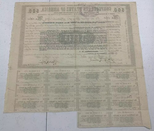 Type 4, Ball 7, 1861 $500 Confederate States of America Loan with 14 coupons - Picture 2 of 2