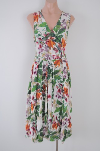 Piper Dress Womens 12 White Green Orange Floral Sleeveless V neck belted - Picture 2 of 13