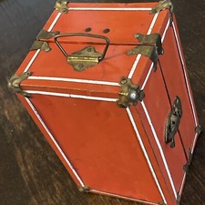 Vintage Red Metal Doll Case mid century Travel Trunk 10x6