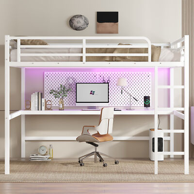 Metal Queen Size Loft Bed w/Power Outlet and LED Lighted Space-Saving Bed Frame