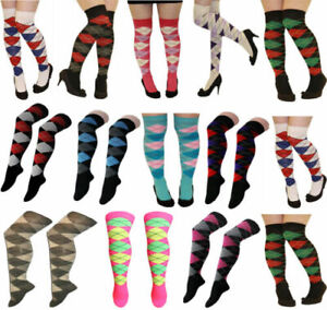 Long Over Knee Check Checked Socks Ladies Teens Neon Fancy Dress Thigh Highs