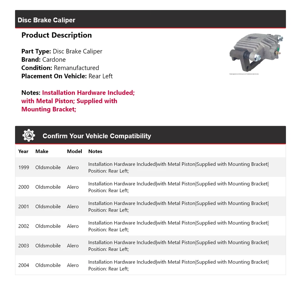 Pinza de freno de disco trasera izquierda Cardone 2000 2001 Oldsmobile Alero 1999-2004 Foto 2 de 4