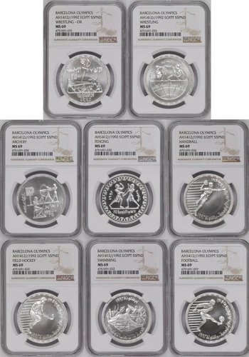 EGYPT , FULL SET 5 POUNDS BARCELONA OLYMPICS 1992 MATT - NGC MS 69 (CL) , RARE