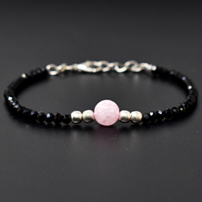 23 kt natürlicher 6 Zoll langer schwarzer Spinell & rosa Rosenquarz Perlen Armband JK-52E292