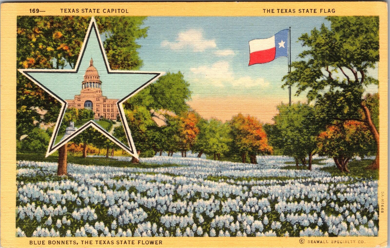 TX-Texas, State Flower, State Flag, Capitol, Vintage Postcard