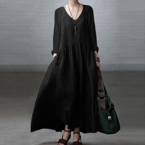 Womens Long Sleeve V Neck Casual Party Evening Oversized Swing Maxi Dress - Picture 13 of 28