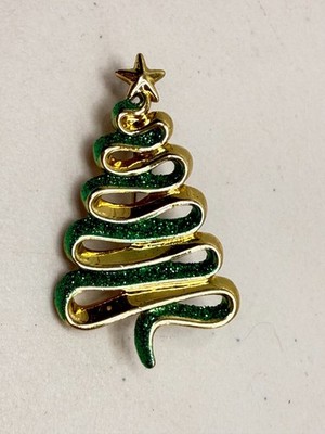 Vintage signed AJC Glitter Ribbon Holiday Christmas Tree Brooch Pin