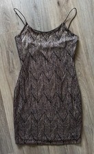 PAPERMOON Metallic Chevron Mini Bodycon Shimmer Club Dress Bronze Black Gold S