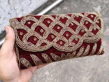Luxury MAROON Velvet Purse, Indian Hand Embroidery Clutch, Gold Beaded Clutch