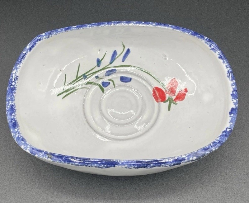 Vintage Polish (?) Pottery Sponge Bowl Curved Inward Edge Red And Blue Flowers